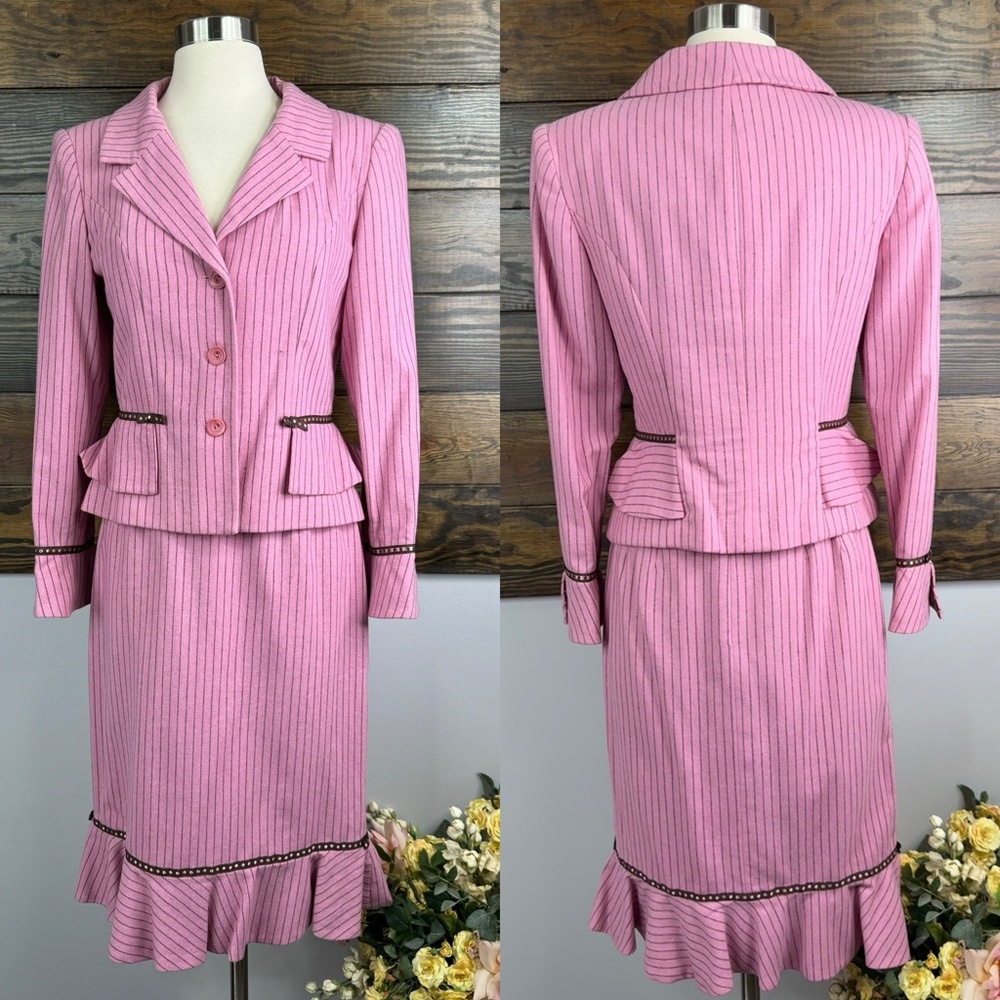 Sara Campbell Blazer Skirt Suit Set Embroidered Pink Stripe Size 4